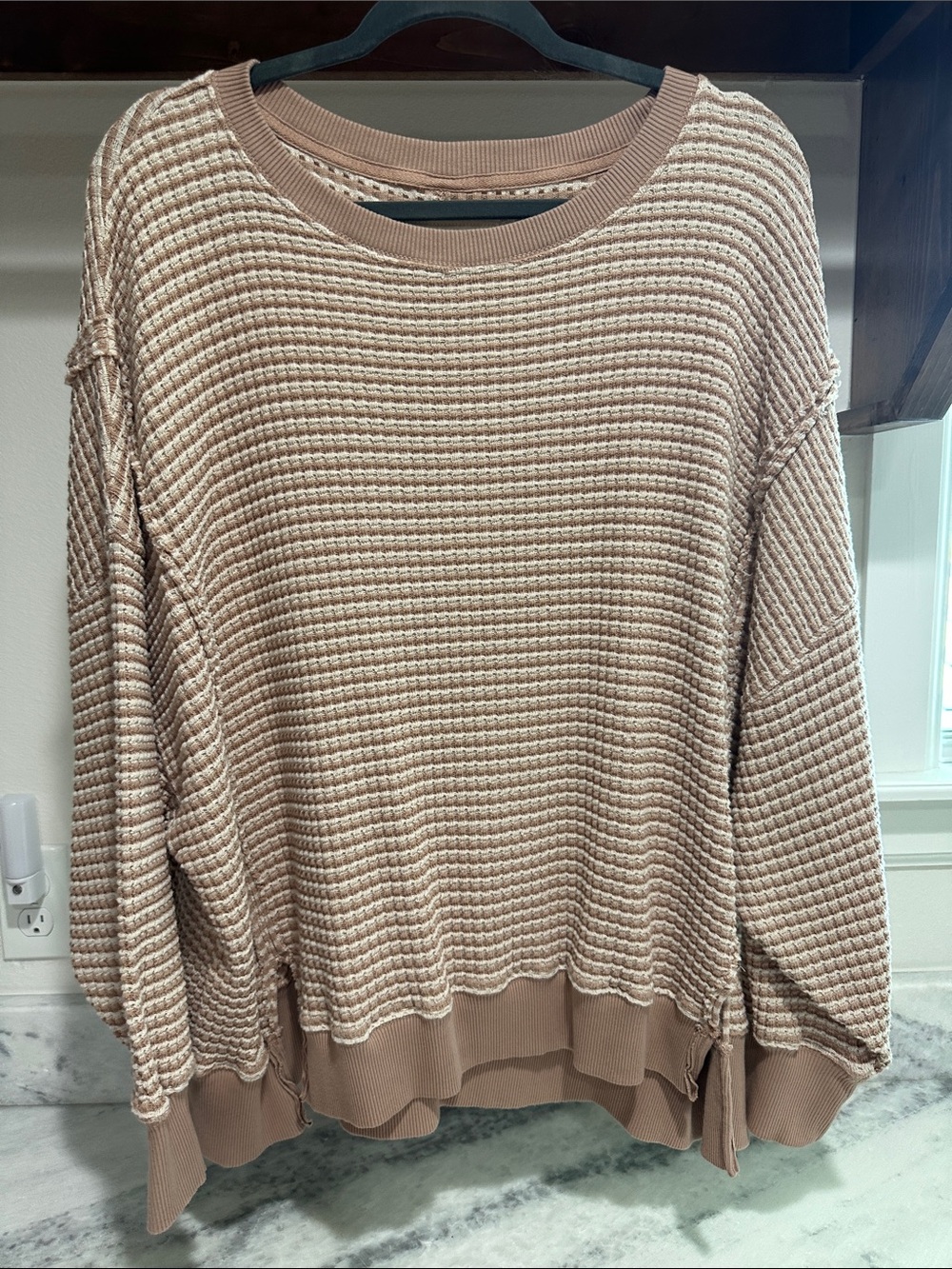 aerie Scoop-Neck Waffle Knit Sweater in Light Taupe